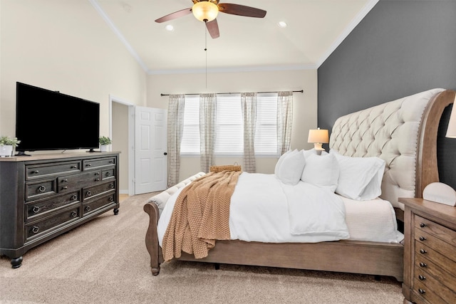 26642 Becker Pines Ln, Katy, TX 77494 - bedroom with crown molding, light carpet, and a ceiling fan