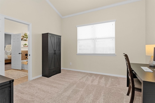 26642 Becker Pines Ln, Katy, TX 77494 - office space with ornamental molding, light colored carpet, and lofted ceiling