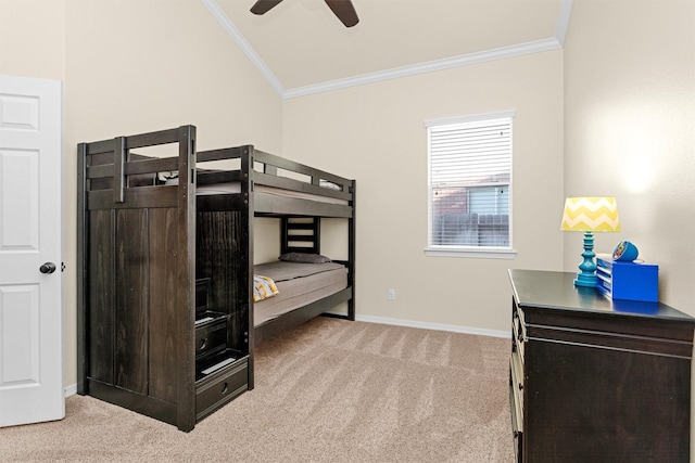 26642 Becker Pines Ln, Katy, TX 77494 - carpeted bedroom featuring crown molding, lofted ceiling, and a ceiling fan