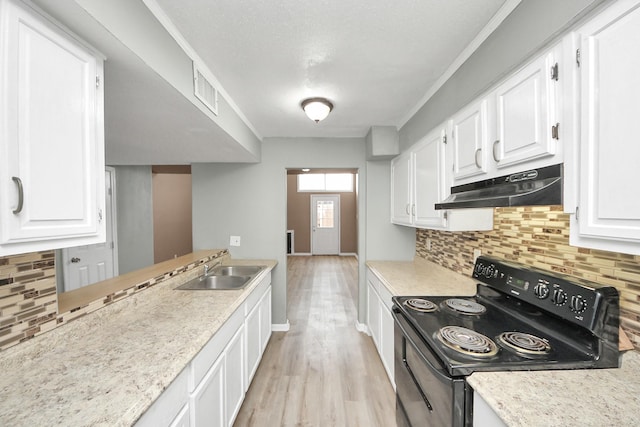 11877 Algonquin Dr, Houston, TX 77089 - kitchen with black / electric stove, under cabinet range hood, light wood-style floors, white cabinets, and light countertops