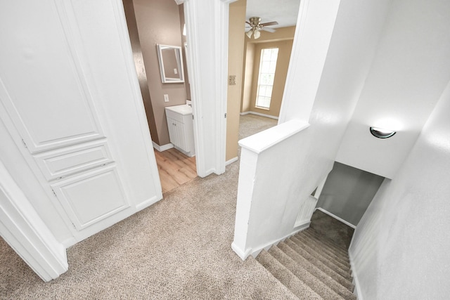 11877 Algonquin Dr, Houston, TX 77089 - stairway featuring carpet and ceiling fan