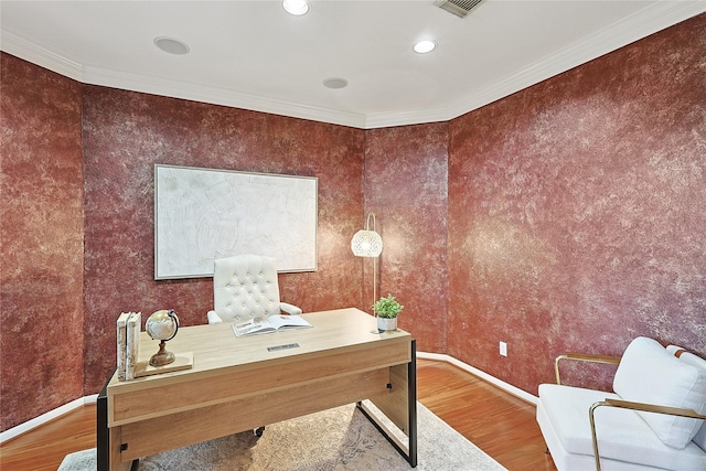 1423 Meadow Lakes Dr, Sugar Land, TX 77479 - home office featuring wood finished floors, ornamental molding, and recessed lighting