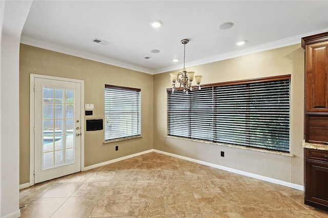 1423 Meadow Lakes Dr, Sugar Land, TX 77479 - unfurnished dining area with a chandelier, crown molding, and recessed lighting