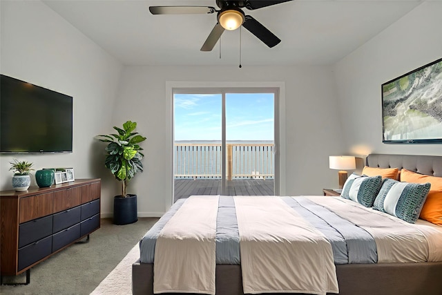 810 W Cattle Dr, Onalaska, TX 77360 - bedroom featuring access to outside, carpet, and a ceiling fan