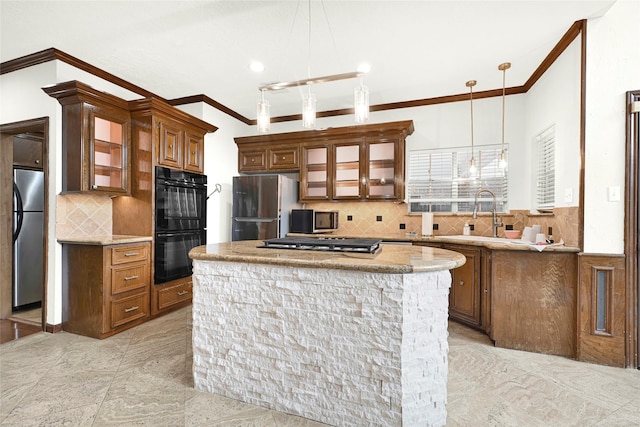 6710 Blue Hills Rd, Houston, TX 77069 - kitchen with appliances with stainless steel finishes, ornamental molding, glass insert cabinets, tasteful backsplash, and brown cabinets