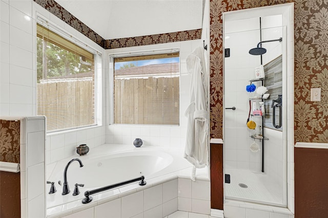 6710 Blue Hills Rd, Houston, TX 77069 - full bath with wallpapered walls, a garden tub, and a stall shower