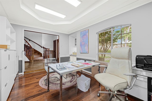 6710 Blue Hills Rd, Houston, TX 77069 - home office with a raised ceiling, wood-type flooring, and crown molding