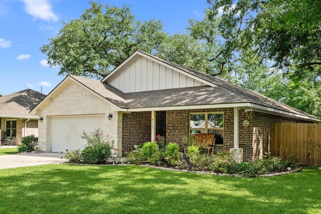 6112 Guyler St, Wallis, TX 77485 - view of front facade featuring board and batten siding, a garage, brick siding, driveway, and roof with shingles