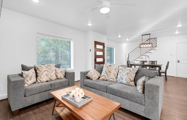 3021 Prospect St, Houston, TX 77004 - living room with dark wood-type flooring, stairway, recessed lighting, and ceiling fan