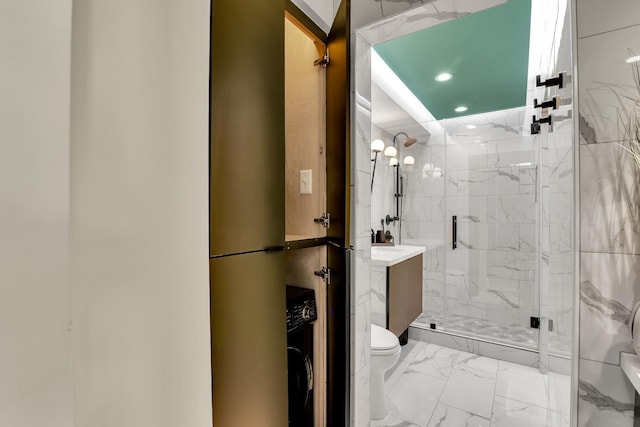 1400 Hermann Dr Unit 10C, Houston, TX 77004 - bathroom featuring a marble finish shower, marble finish floors, recessed lighting, and vanity