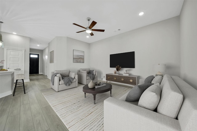 15122 Parkland Canyon Dr, Cypress, TX 77433 - living room featuring ceiling fan, light wood-type flooring, and recessed lighting