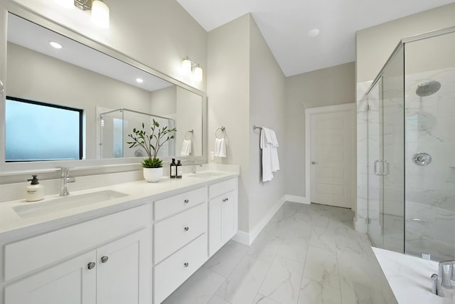 15122 Parkland Canyon Dr, Cypress, TX 77433 - full bathroom with marble finish floors, a marble finish shower, double vanity, and recessed lighting