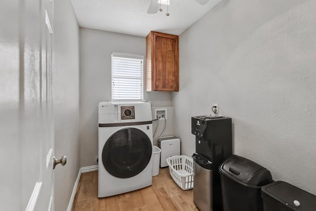 4957 Shadowbend Dr, Corpus Christi, TX 78413 - washroom with washer / dryer, cabinet space, light wood-style floors, and ceiling fan