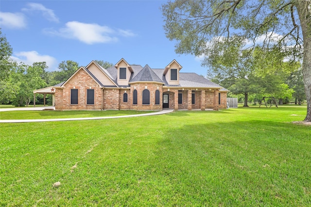15908 Mcnorton, Splendora, TX 77372 - view of front of property featuring brick siding, a front lawn, an attached carport, and a shingled roof