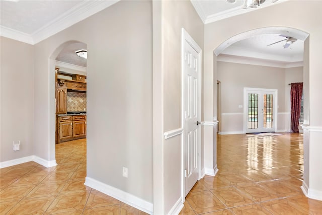 15908 Mcnorton, Splendora, TX 77372 - hallway with arched walkways, ornamental molding, and light tile patterned flooring