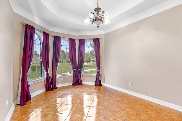 15908 Mcnorton, Splendora, TX 77372 - spare room featuring a chandelier, ornamental molding, light tile patterned flooring, and a raised ceiling