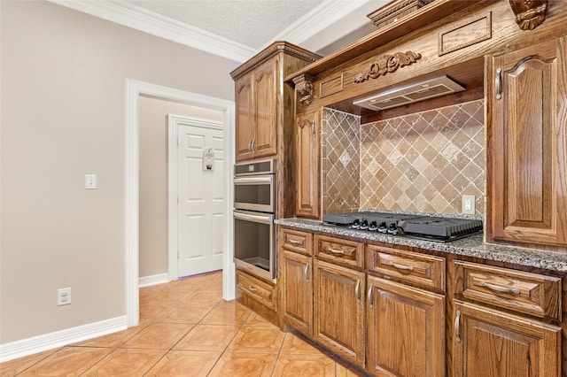 15908 Mcnorton, Splendora, TX 77372 - kitchen with gas stovetop, backsplash, light tile patterned flooring, stainless steel double oven, and ornamental molding