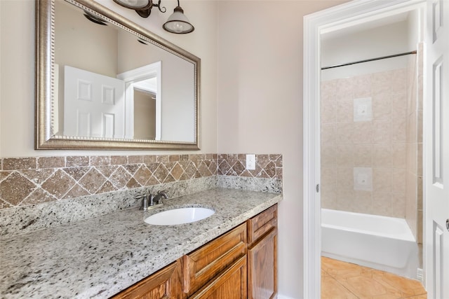 15908 Mcnorton, Splendora, TX 77372 - bathroom featuring vanity, tile patterned flooring, decorative backsplash, and shower / bathtub combination