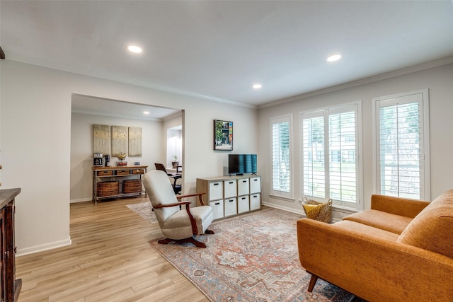 2827 Fontana Dr, Houston, TX 77043 - living area featuring ornamental molding, light wood-style flooring, and recessed lighting