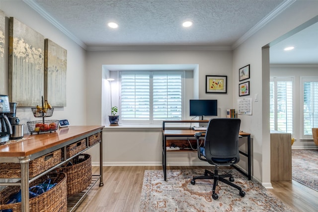 2827 Fontana Dr, Houston, TX 77043 - home office with wood finished floors, healthy amount of natural light, a textured ceiling, ornamental molding, and recessed lighting