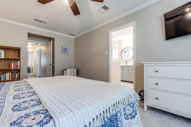 2827 Fontana Dr, Houston, TX 77043 - bedroom with crown molding, light carpet, ensuite bathroom, and a ceiling fan