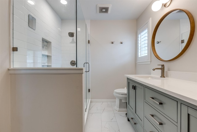 2827 Fontana Dr, Houston, TX 77043 - bathroom with vanity, marble look tile flooring, and a stall shower