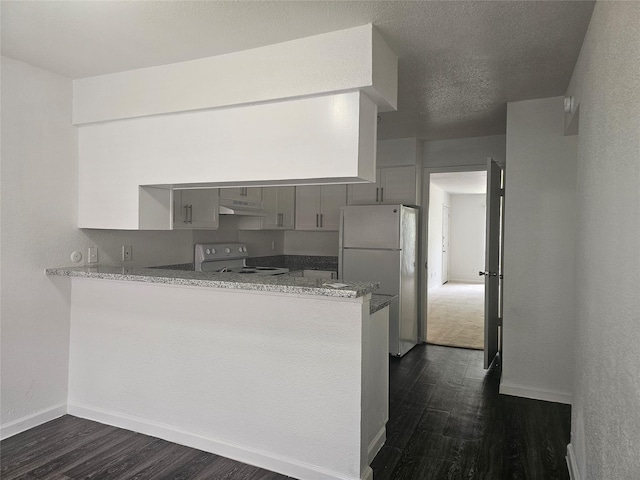 9201 Clarewood Dr Unit 204, Houston, TX 77036 - kitchen featuring stove, freestanding refrigerator, dark wood-style floors, under cabinet range hood, and a peninsula