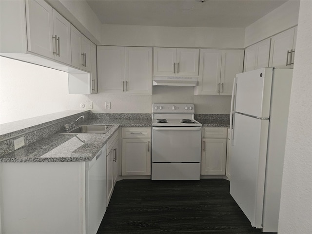 9201 Clarewood Dr Unit 204, Houston, TX 77036 - kitchen with white appliances, under cabinet range hood, white cabinets, and dark wood-style floors