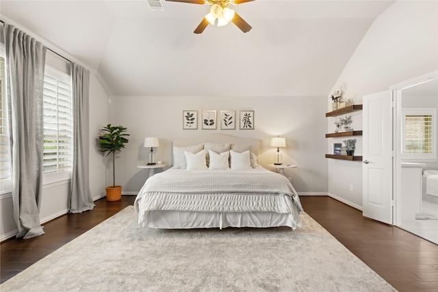 8903 Purdy Crescent Trl, Richmond, TX 77406 - bedroom featuring vaulted ceiling, dark wood-style floors, and ceiling fan