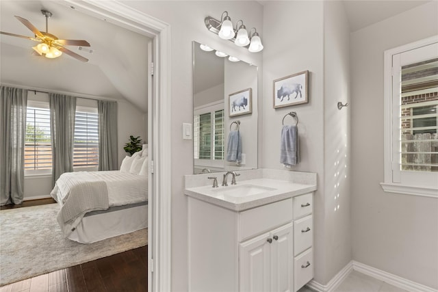 8903 Purdy Crescent Trl, Richmond, TX 77406 - bathroom with vanity, lofted ceiling, a ceiling fan, ensuite bathroom, and wood finished floors