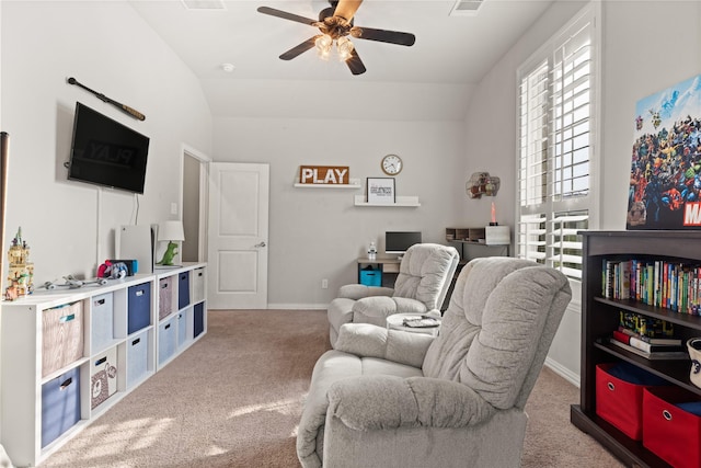 8903 Purdy Crescent Trl, Richmond, TX 77406 - carpeted living room featuring ceiling fan, vaulted ceiling, and an office area