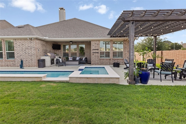 8903 Purdy Crescent Trl, Richmond, TX 77406 - back of house with outdoor lounge area, brick siding, roof with shingles, and a pergola