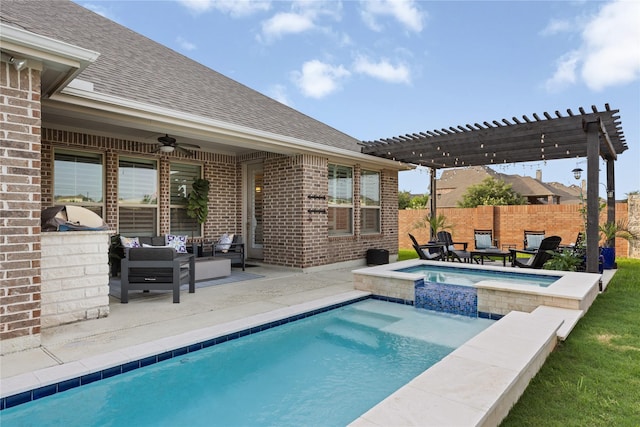 8903 Purdy Crescent Trl, Richmond, TX 77406 - view of swimming pool with an outdoor living space, a ceiling fan, a pool with connected hot tub, exterior kitchen, and a patio