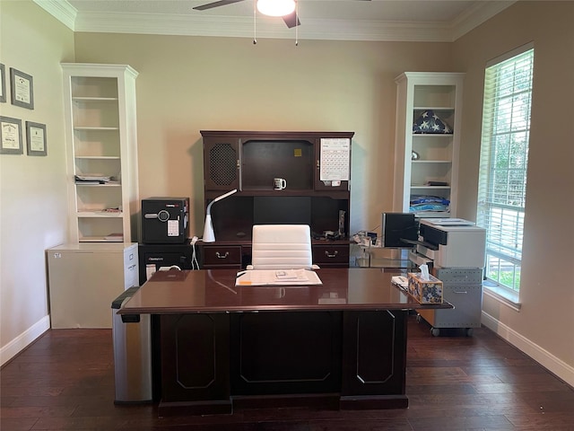 36218 Post Oak Cir, Magnolia, TX 77355 - office space with ceiling fan, dark wood finished floors, and ornamental molding