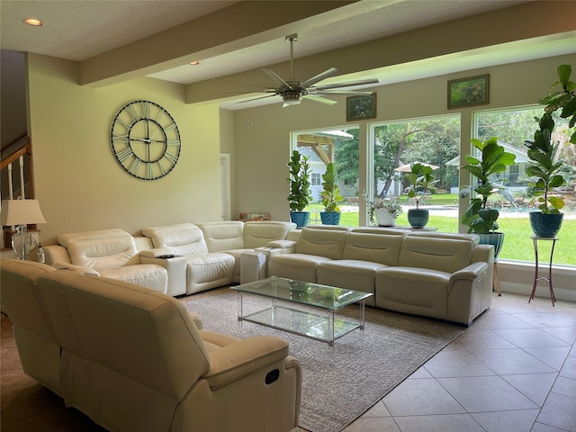 36218 Post Oak Cir, Magnolia, TX 77355 - living room featuring ceiling fan, recessed lighting, and light tile patterned floors