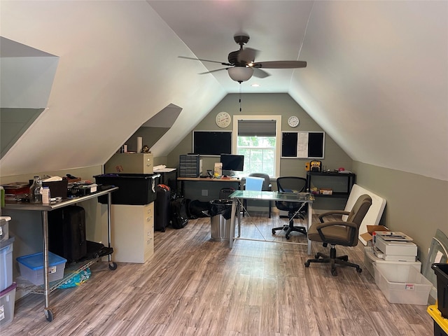 36218 Post Oak Cir, Magnolia, TX 77355 - home office featuring a ceiling fan, wood finished floors, and vaulted ceiling