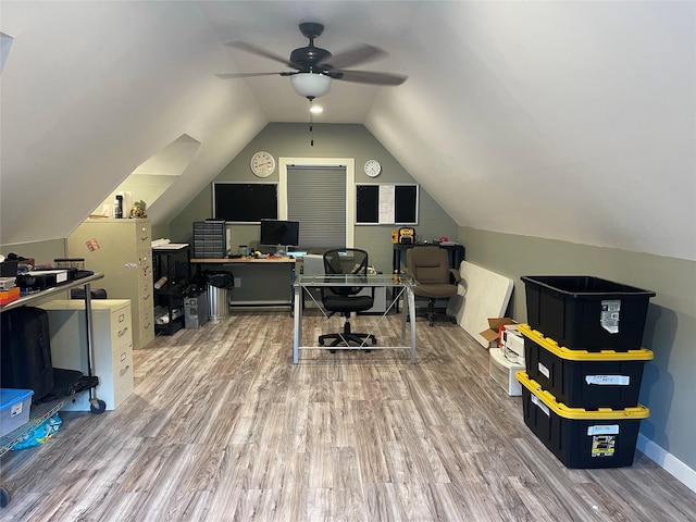 36218 Post Oak Cir, Magnolia, TX 77355 - office with wood finished floors, ceiling fan, and lofted ceiling