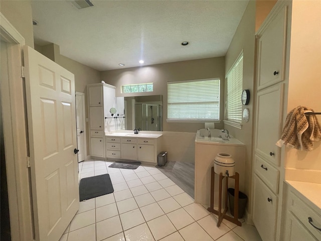 36218 Post Oak Cir, Magnolia, TX 77355 - bathroom featuring a stall shower, tile patterned floors, a bath, vanity, and recessed lighting