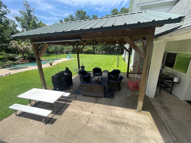 36218 Post Oak Cir, Magnolia, TX 77355 - view of patio / terrace with a gazebo, an outdoor pool, an outdoor living space, and area for grilling