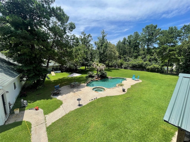 36218 Post Oak Cir, Magnolia, TX 77355 - outdoor pool featuring a patio, an outdoor fire pit, and an in-ground hot tub