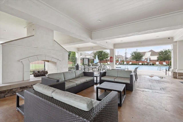 13223 Parkway Spring Dr, Houston, TX 77077 - view of patio / terrace with an outdoor living space with a fireplace and a community pool