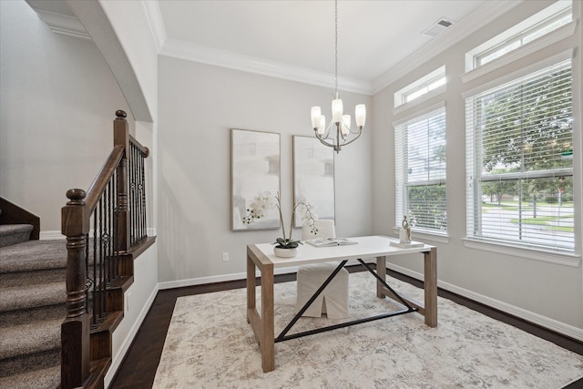 13223 Parkway Spring Dr, Houston, TX 77077 - office space with healthy amount of natural light, dark wood-style floors, a chandelier, and crown molding