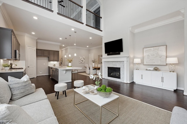 13223 Parkway Spring Dr, Houston, TX 77077 - living room with dark wood finished floors, a high ceiling, recessed lighting, a glass covered fireplace, and ornamental molding