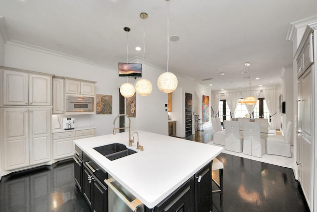 3711 Somerset Commons Ln, Houston, TX 77055 - kitchen with stainless steel dishwasher, dark wood-type flooring, light countertops, crown molding, and decorative light fixtures