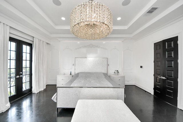 3711 Somerset Commons Ln, Houston, TX 77055 - unfurnished bedroom with a raised ceiling, a chandelier, french doors, and recessed lighting