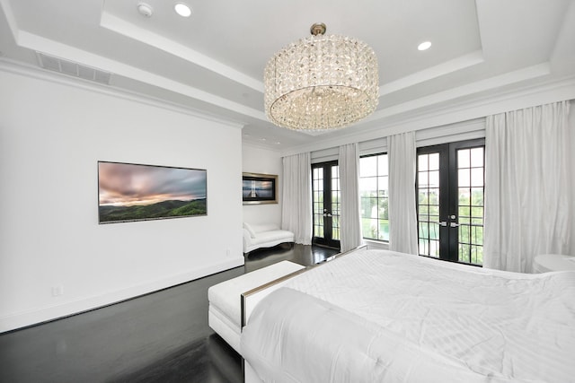 3711 Somerset Commons Ln, Houston, TX 77055 - bedroom featuring a raised ceiling, french doors, a chandelier, access to exterior, and recessed lighting
