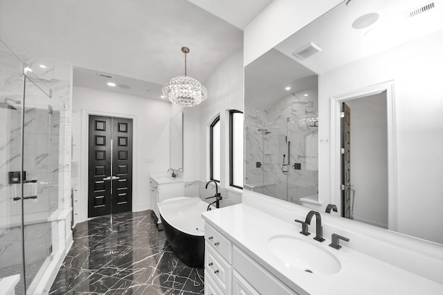 3711 Somerset Commons Ln, Houston, TX 77055 - full bath featuring marble tiled floors, a marble finish shower, two vanities, a soaking tub, and recessed lighting