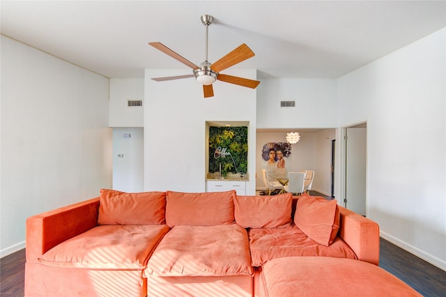 8100 Cambridge St Unit 114, Houston, TX 77054 - living room with dark wood-type flooring, ceiling fan, and vaulted ceiling