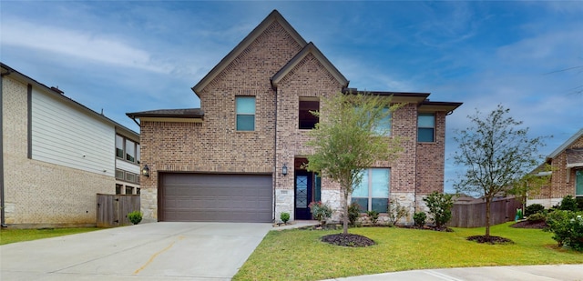 23604 Olive Creek Ln, New Caney, TX 77357 - traditional-style house featuring brick siding, a garage, concrete driveway, and stone siding