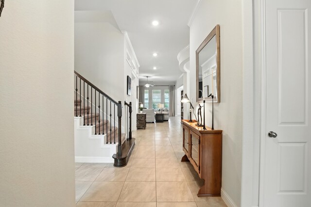 15415 Wildpoint Dr, Cypress, TX 77429 - entrance foyer with a ceiling fan, stairway, recessed lighting, and light tile patterned floors